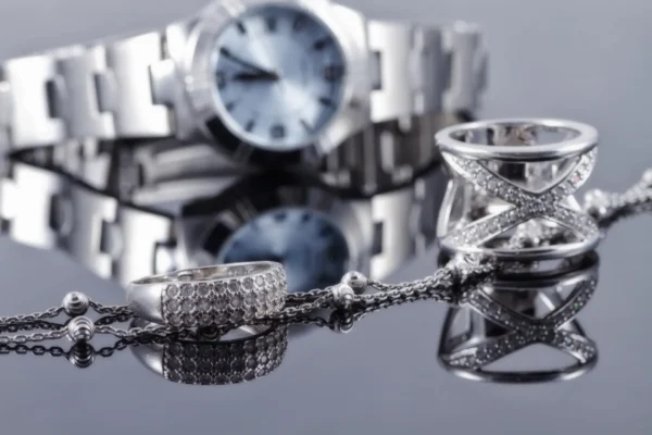 A close up of some silver jewelry on top of a table.