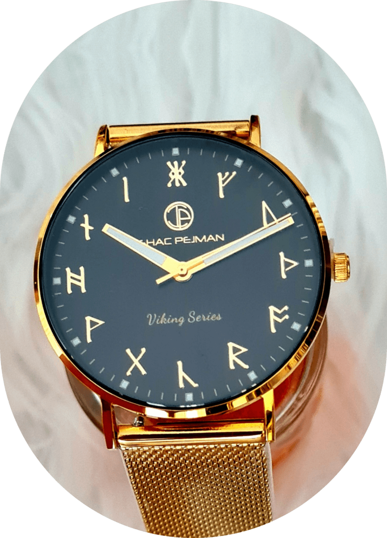 1 A gold watch with roman numerals on it.