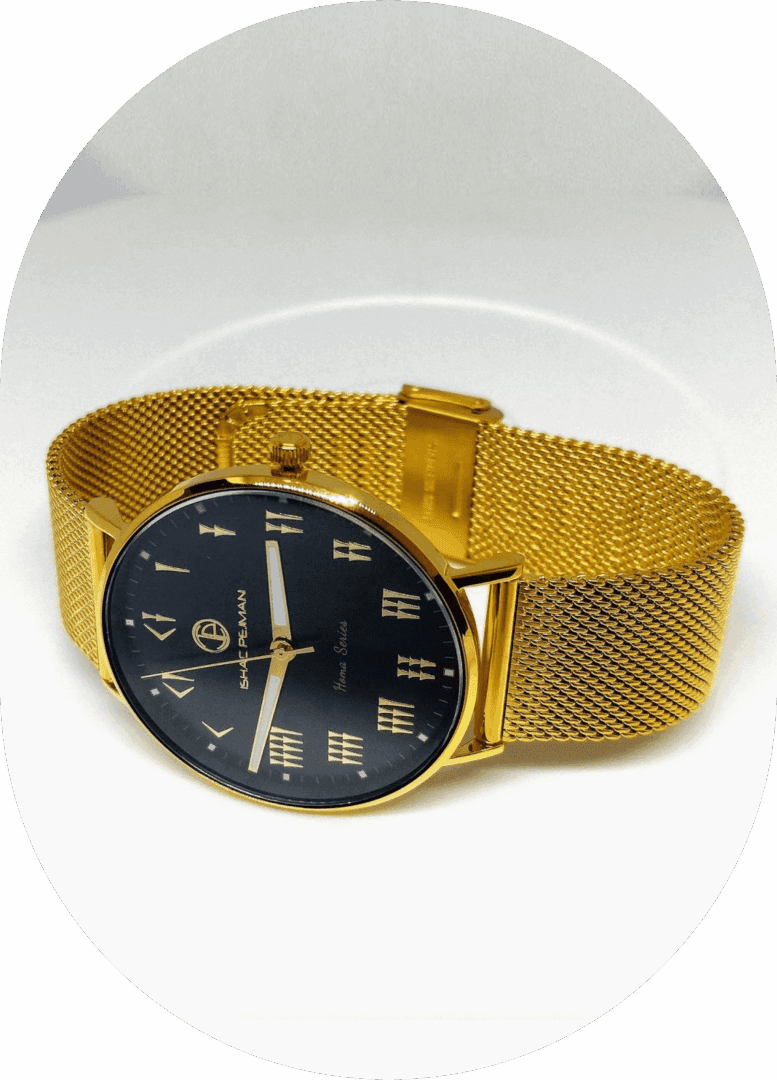2 A gold watch with black face and mesh band.