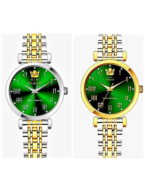Two watches with a green face and gold band.