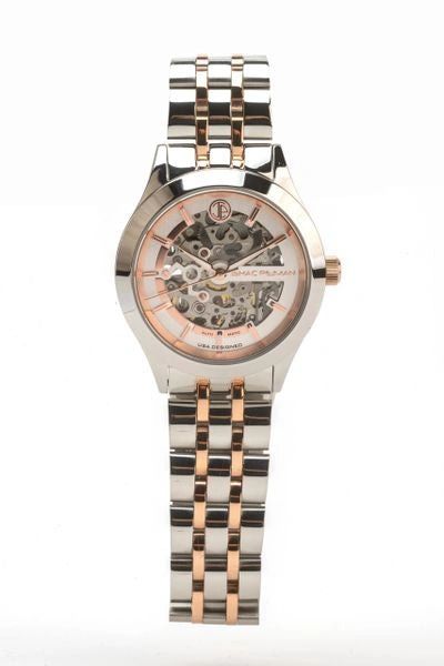 A watch with a rose gold face and silver band.