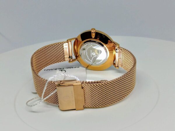 A gold watch with a mesh band and a white face.