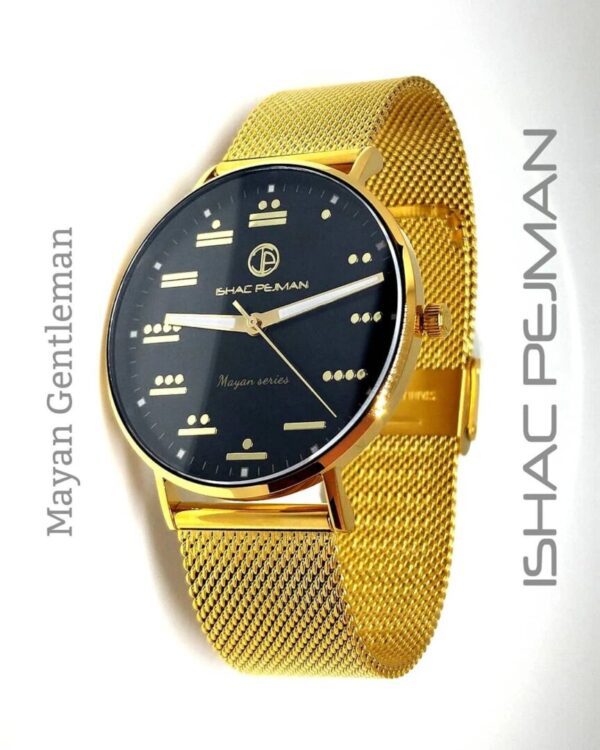 A gold watch with black face and mesh band.