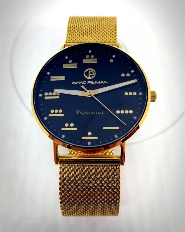 A gold watch with blue face and numbers on it.