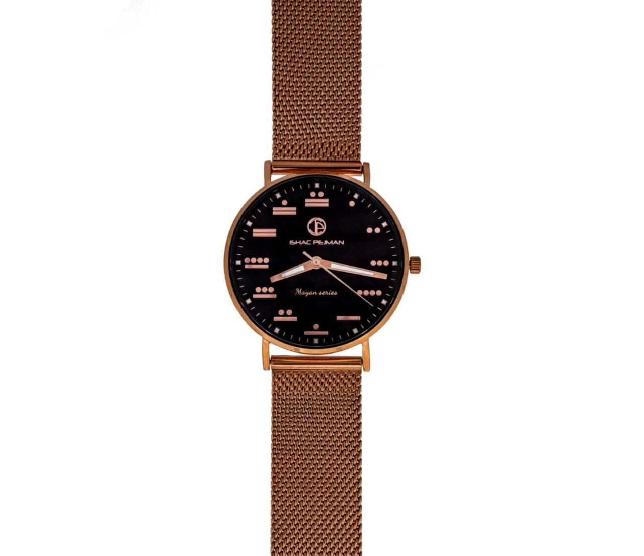 A watch with a mesh band and black face.