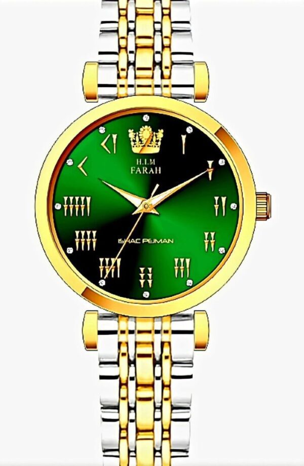 A watch with green face and gold bezel.