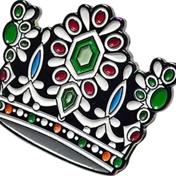 A black and white crown with colorful jewels.