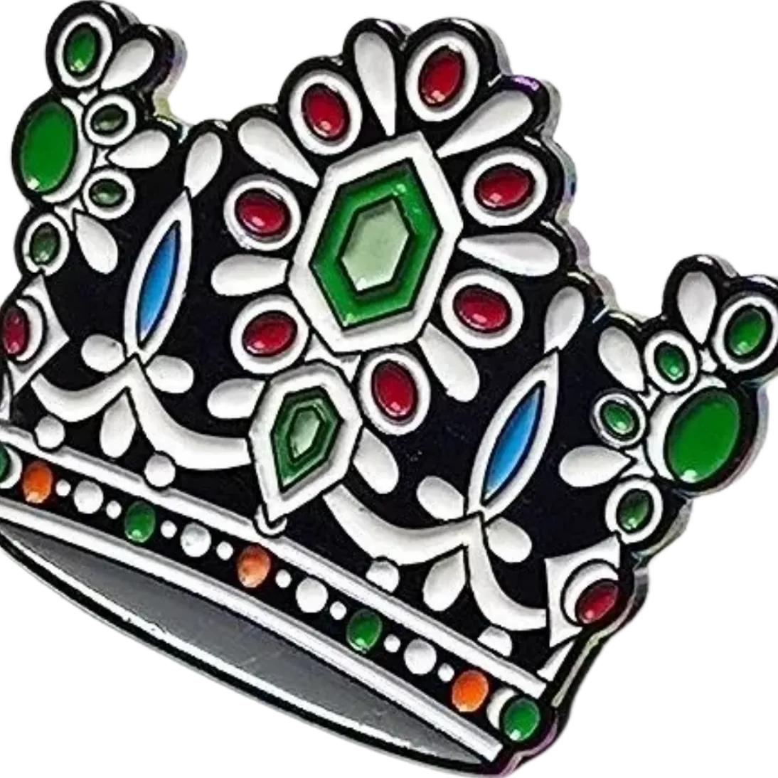 A black and white crown with colorful jewels.