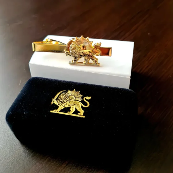 A box and a tie clip on top of a table.