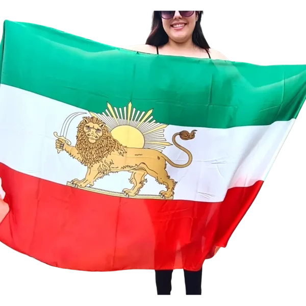 A woman holding an italian flag with the lion of judah on it.