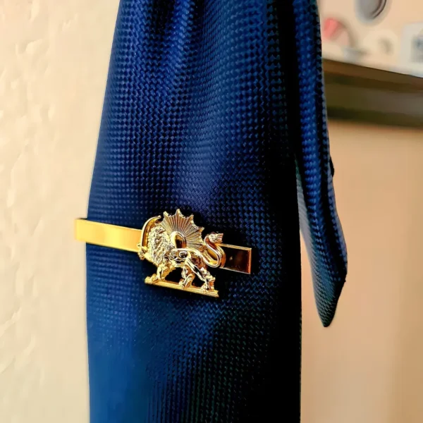 A tie with a gold tie clip on it