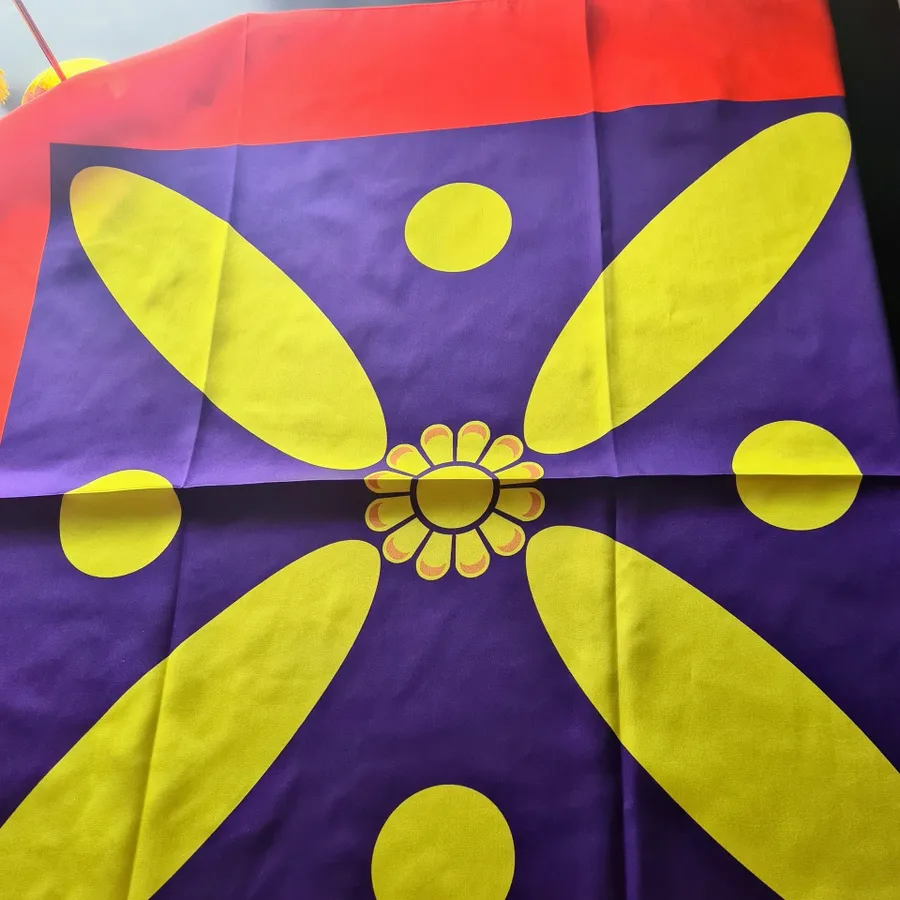 A purple and yellow flower with two circles on it.