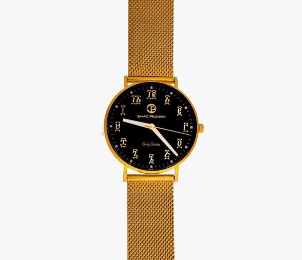 A gold watch with black face and mesh band.