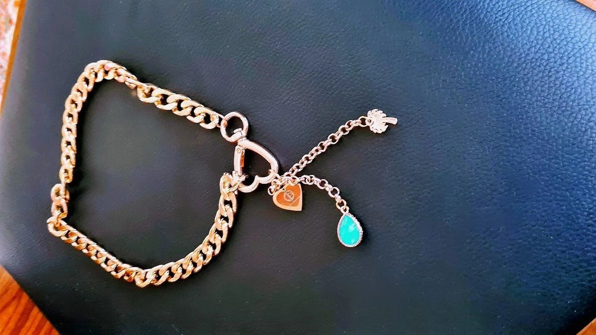 A close up of the chain with charms on it