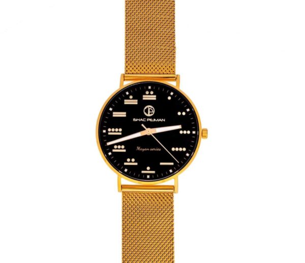 A gold watch with black face and mesh band.