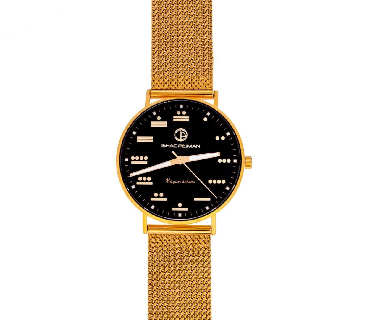 A gold watch with black face and mesh band.