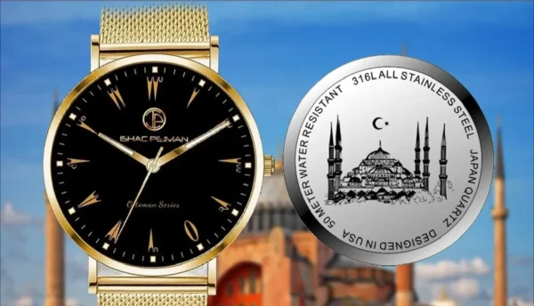 A watch and coin are shown in front of the city skyline.