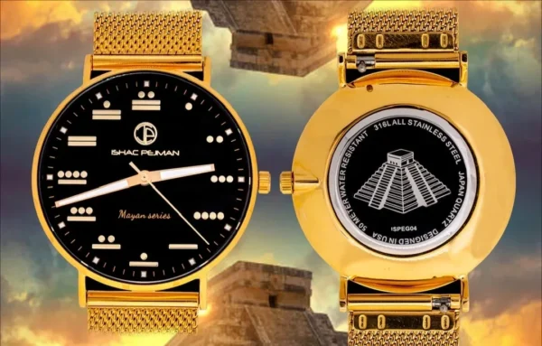 Two gold watches with a black face and roman numerals.